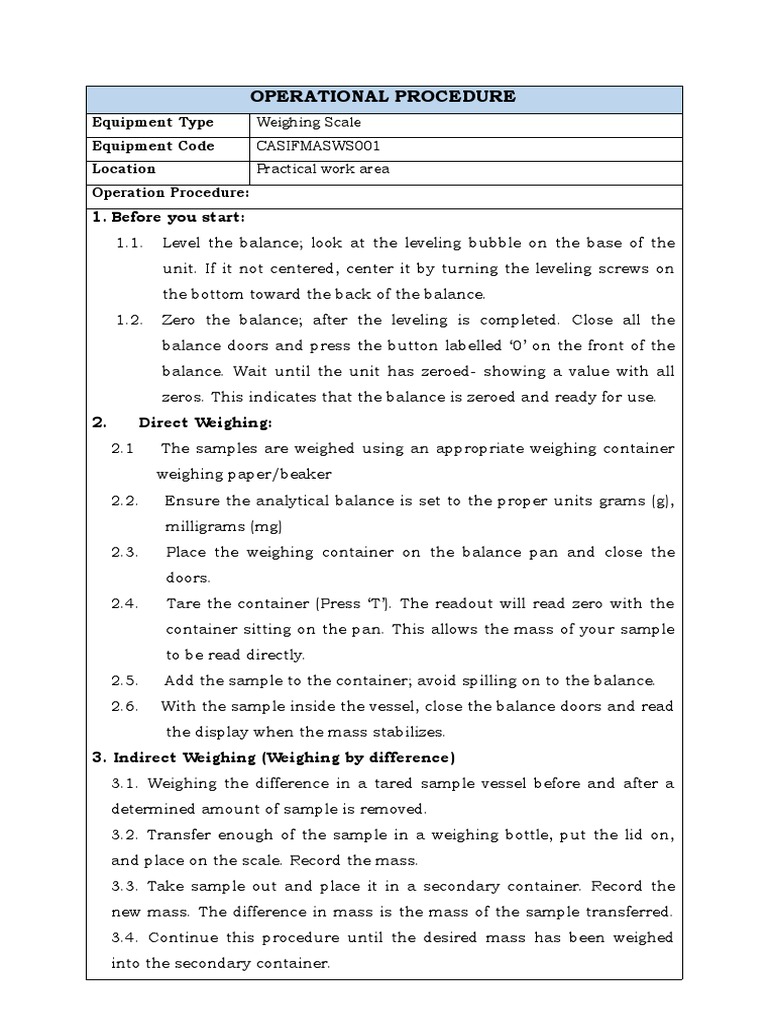 Operational Procedure 1. Before You Start PDF Weighing Scale