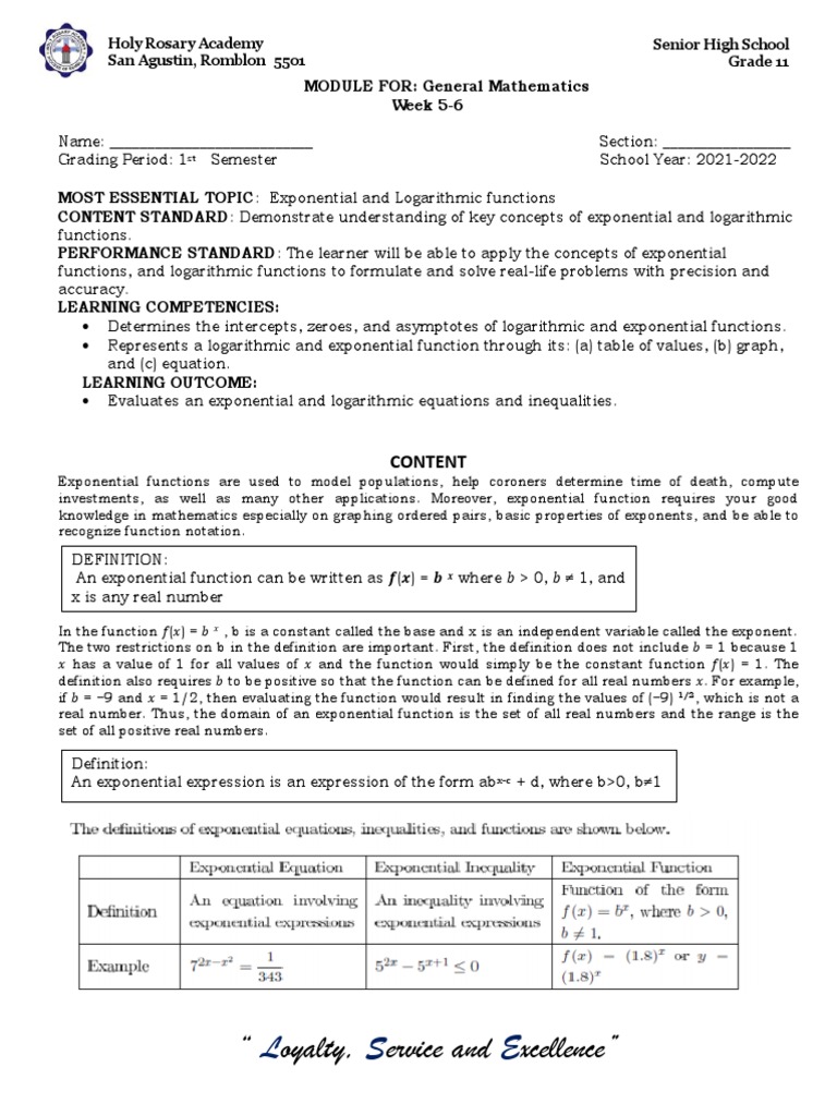 MOdule GRADE 11 Module 56 PDF Function (Mathematics) Exponential