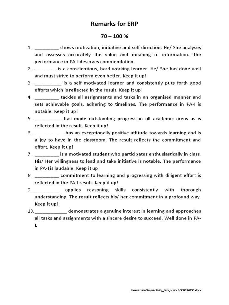 Academic Remarks For Marksheet Pdf Learning Teaching
