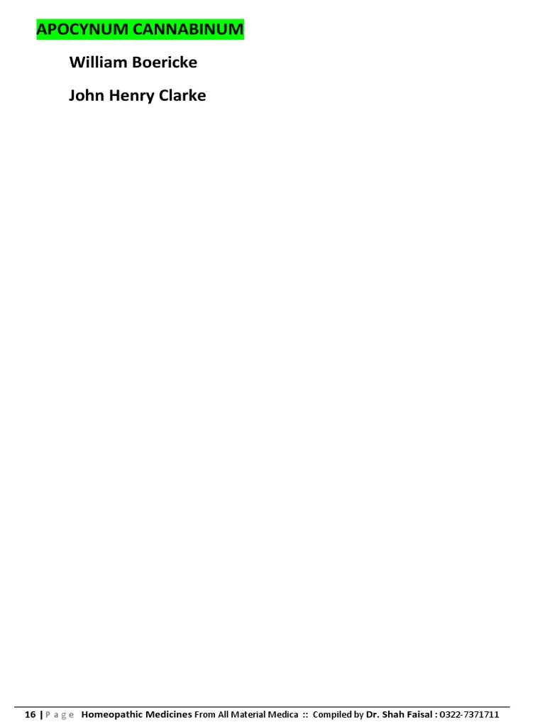 Apocynum Cannabinum William Boericke John Henry Clarke 16 Homeopathic