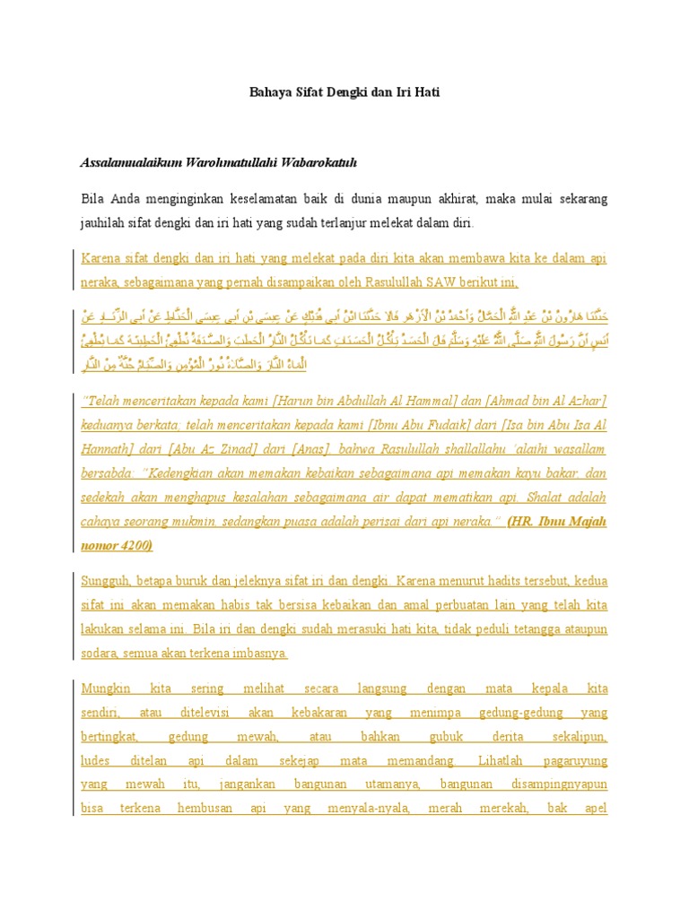 Bahaya Dengki dan Iri Hati dalam Islam | PDF