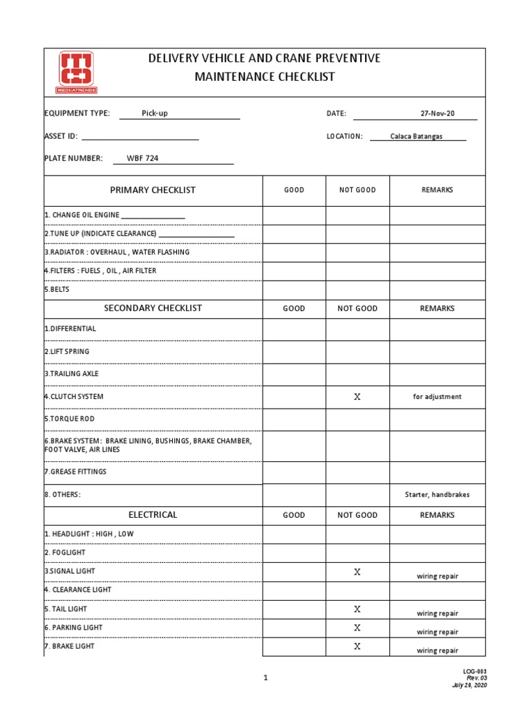 LOG003 Rev. 03 Delivery Vehicle and Crane Preventive Maintenance