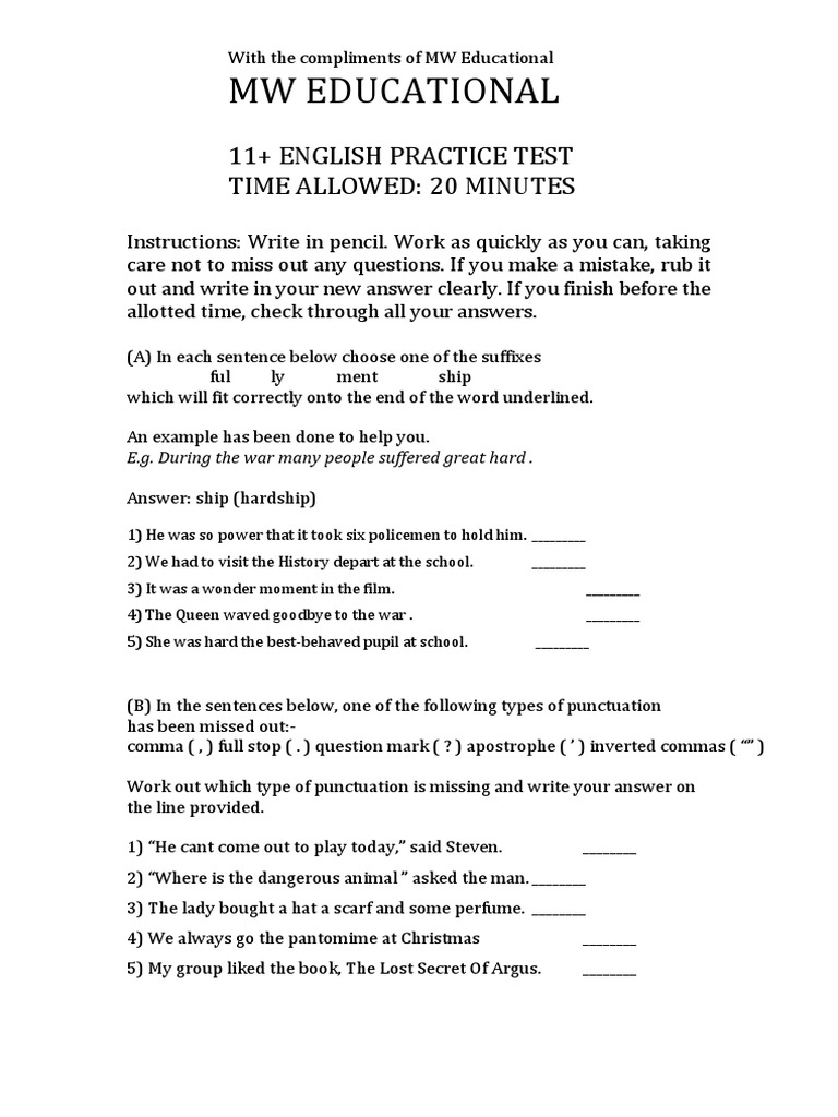 MW Educational 11+ English Practice Test Time Allowed 20 Minutes