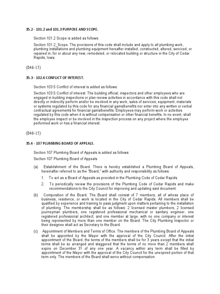Cedar Rapids Plumbing Code PDF Pipe (Fluid Conveyance) Plumbing