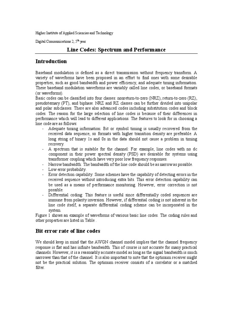 Line Codes: Spectrum and Performance | PDF | Spectral Density | Modulation