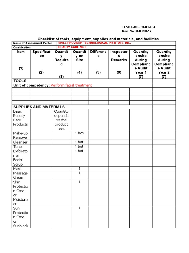 Facial Treatment Equipment Checklist | PDF | Technology & Engineering