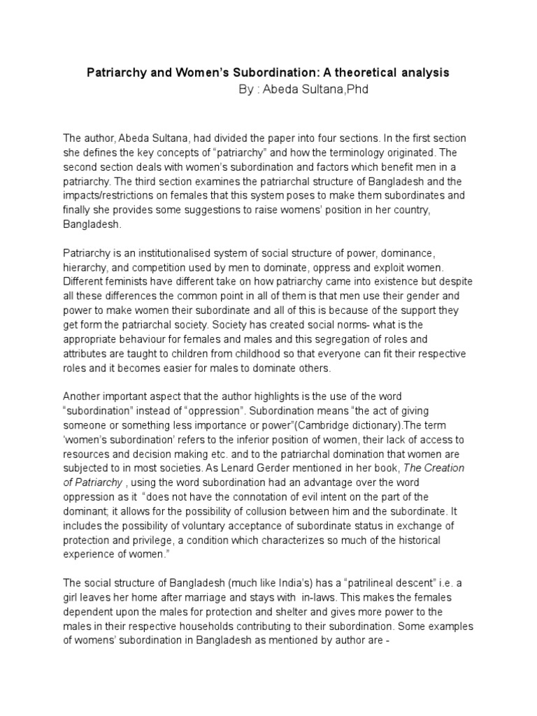 Analyzing Patriarchy and Women's Subordination | PDF | Patriarchy ...