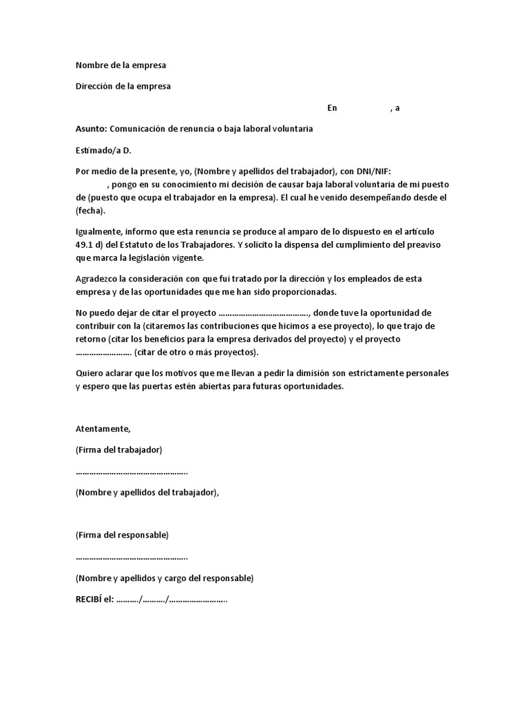Modelo Carta Renuncia Voluntaria Sencilla