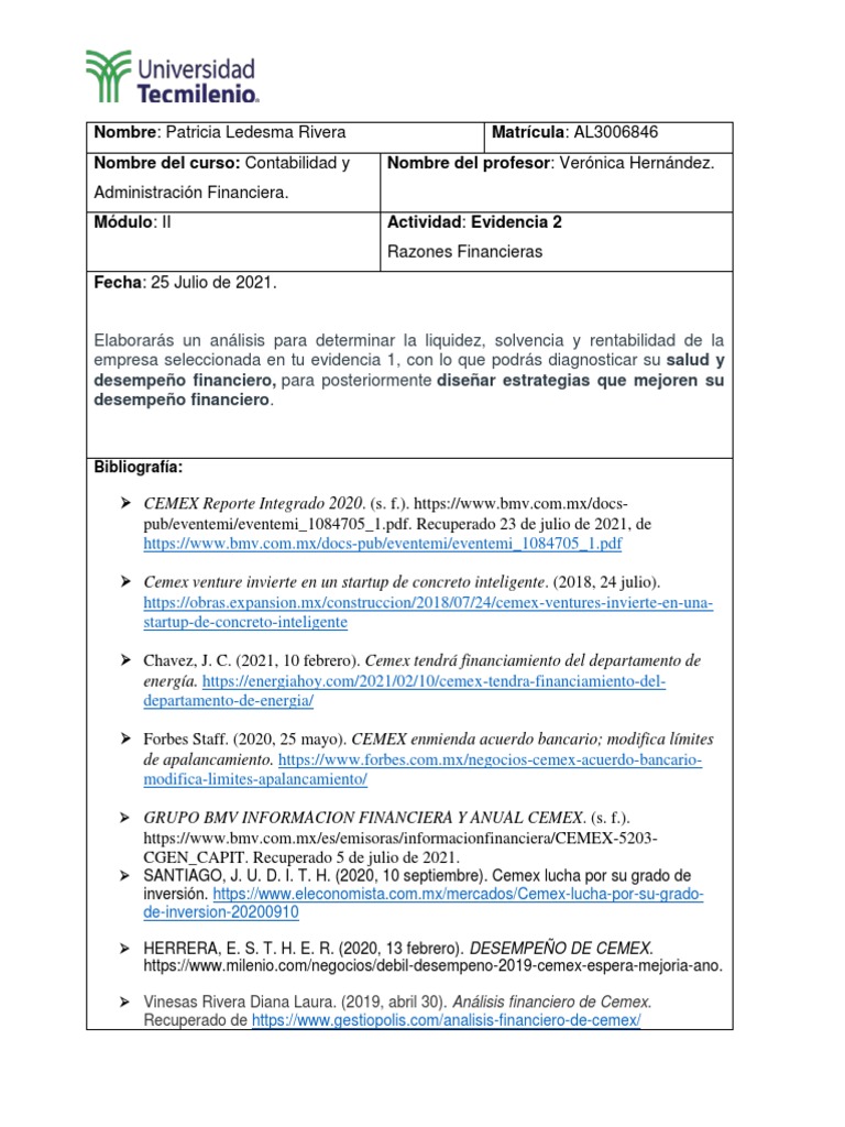 EVIDENCIA 2 CEMEX Final | PDF | Ratio financiero | Contabilidad