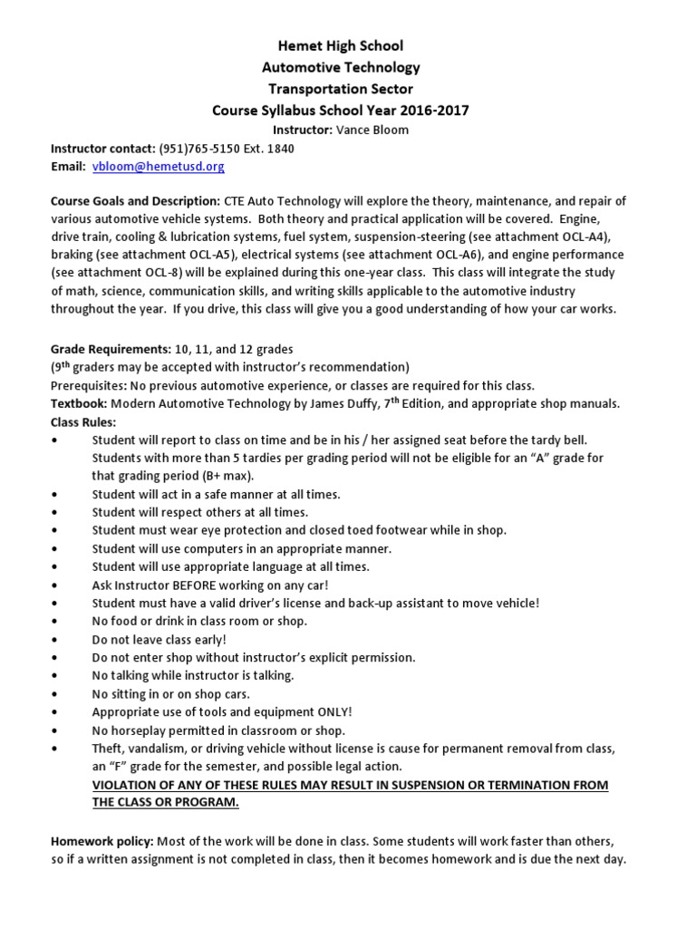 Hemet High Auto Technology Syllabus | PDF | Car | Vehicles