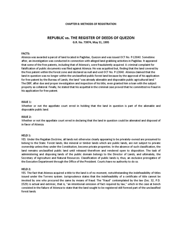 Republic Vs Register of Deeds Quezon (1995) PDF Patent Deed