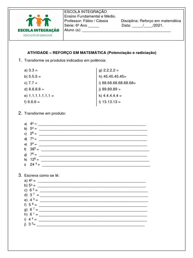 Atividades de Potenciação 6º Ano | PDF | Exponenciação | Matemática