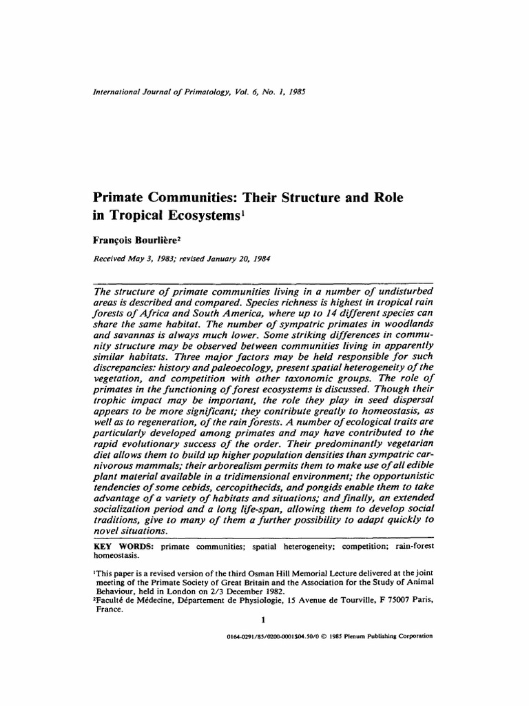 Primate Communities: Their Structure and Role in Tropical Ecosystems