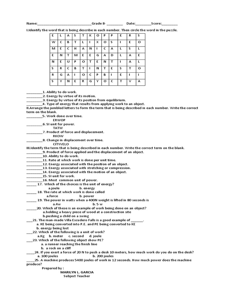Work Power Energy Quiz PDF Force Mechanics