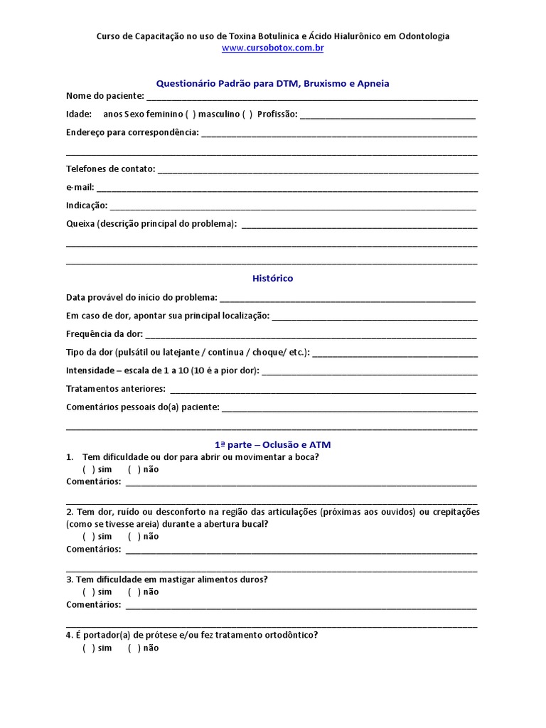 Questionário para DTM, Bruxismo e Apneia PDF Remédio Medicina Clínica