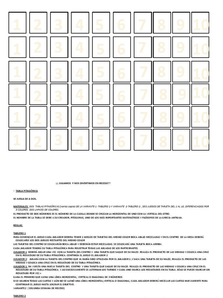 Juego Tabla Pitagórica PDF Juego de azar Juegos de habilidad mental