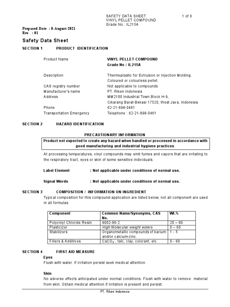 MSDS Il215a PDF Polyvinyl Chloride Combustion