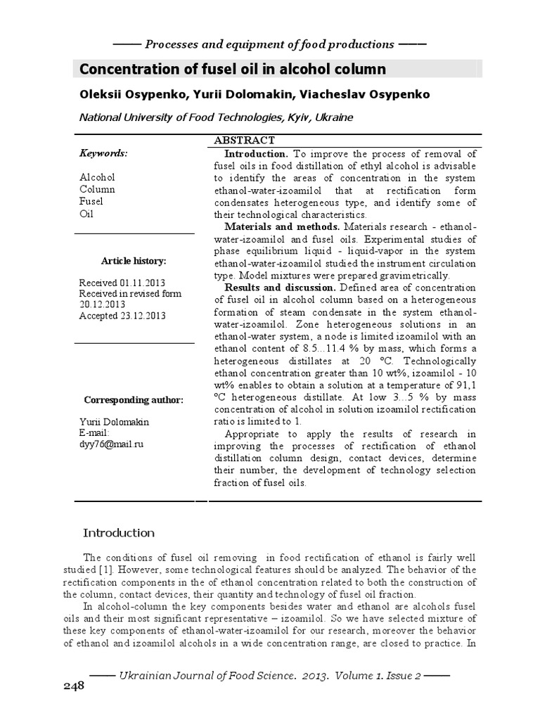 Fusel Oil Concentration in Ethanol Distillation | PDF | Distillation ...