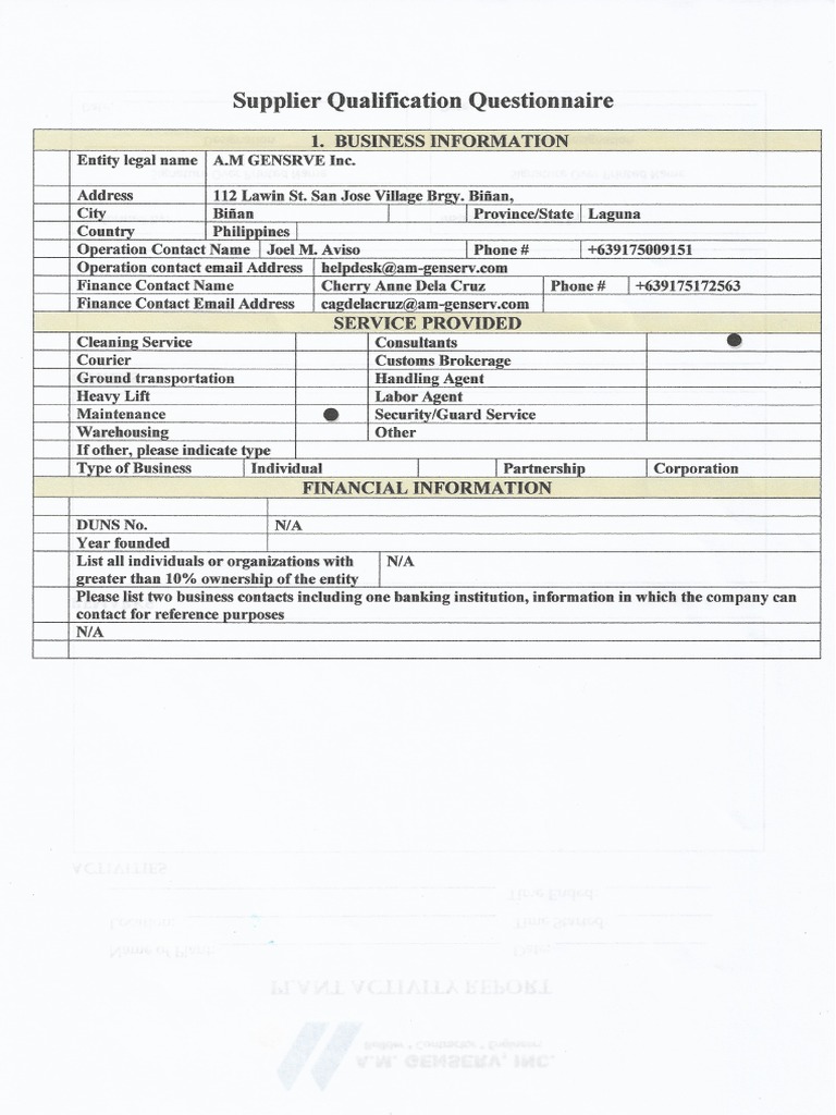 Supplier Qualification Questionnaire PDF