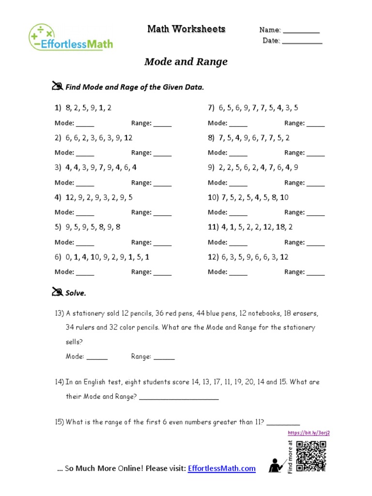 Mode and Range: Math Worksheets | PDF | Stationery | Writing Implements