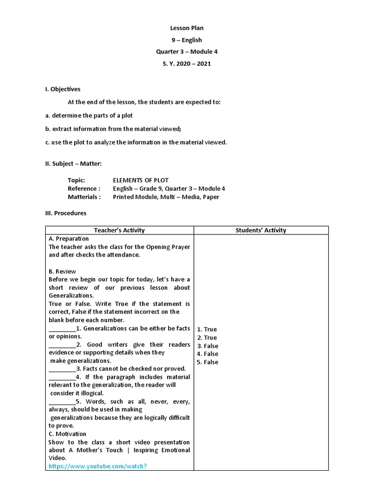 Grade 9 English: Elements of Plot | PDF | Plot (Narrative) | Lesson Plan