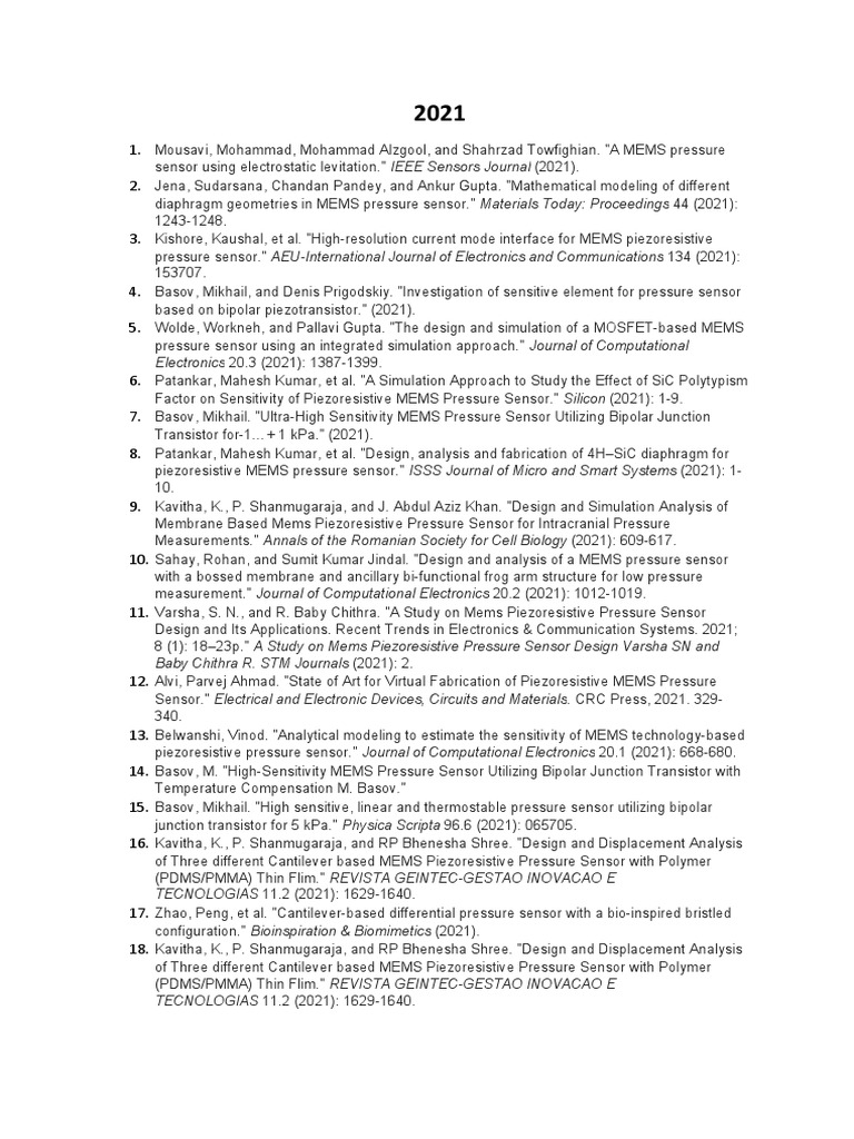 MEMS Journals List PDF Microelectromechanical Systems Sensor