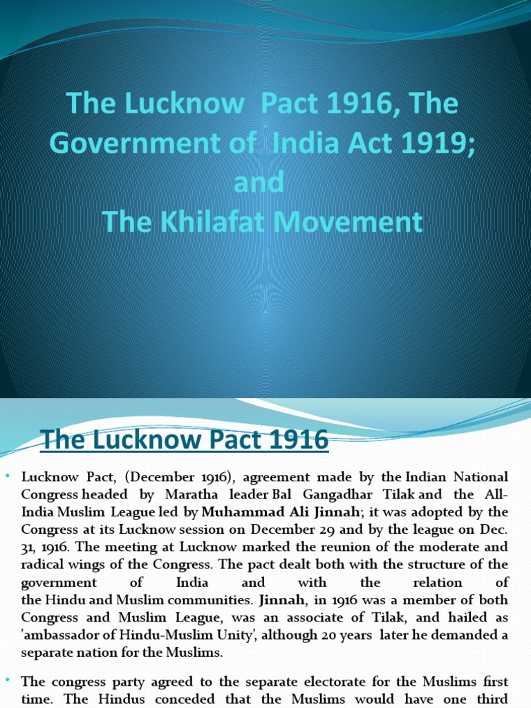 Lucknow Pact, India Act 1919, Khilafat Movement PDF Indian