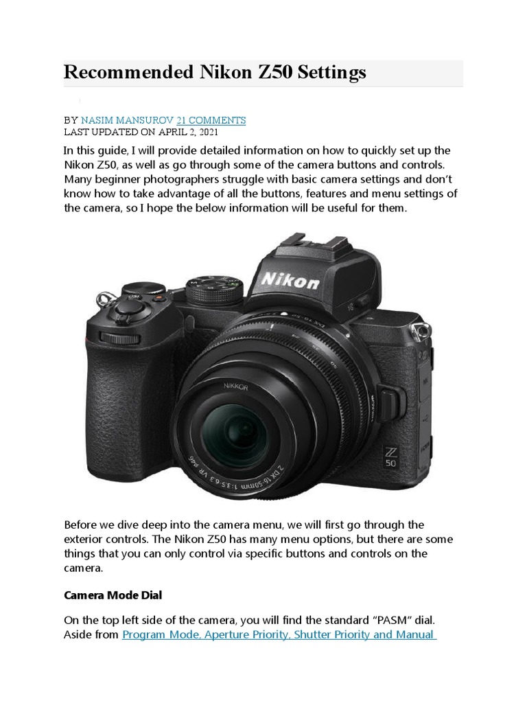 Nikon Z50 Settings PDF Autofocus Camera