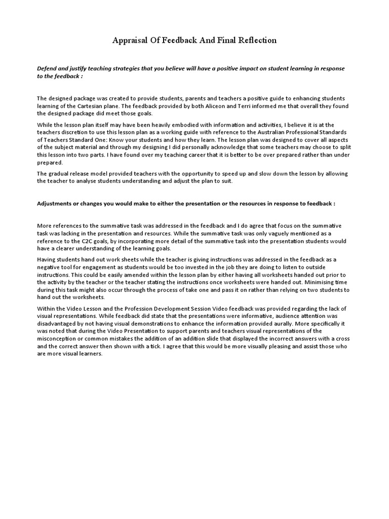 Appraisal of Feedback and Final Reflection | PDF | Lesson Plan | Teachers