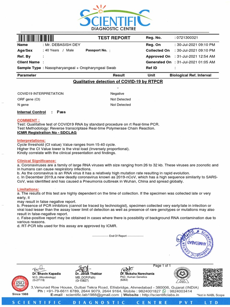 COVID-19 RT-PCR Test Report Summary | PDF | Reverse Transcription ...