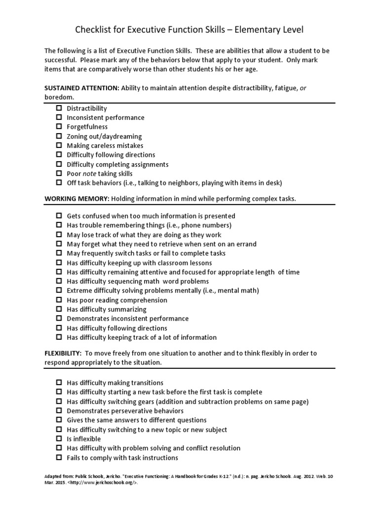 Executive Function Checklist for Students | PDF | Executive Functions ...