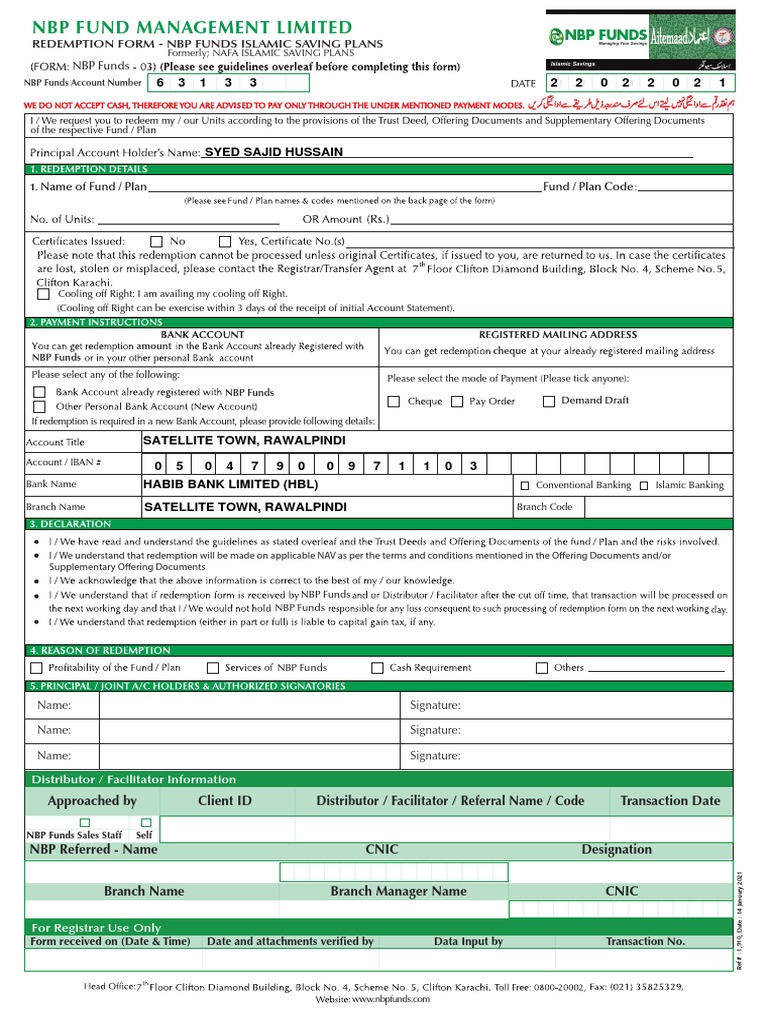 Redemption Form - NBP Funds Islamic Saving Plans: Name of Fund / Plan ...
