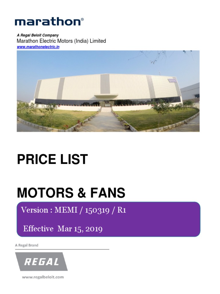 Marathon Electric Motors Price List for Motors and Fans Effective March