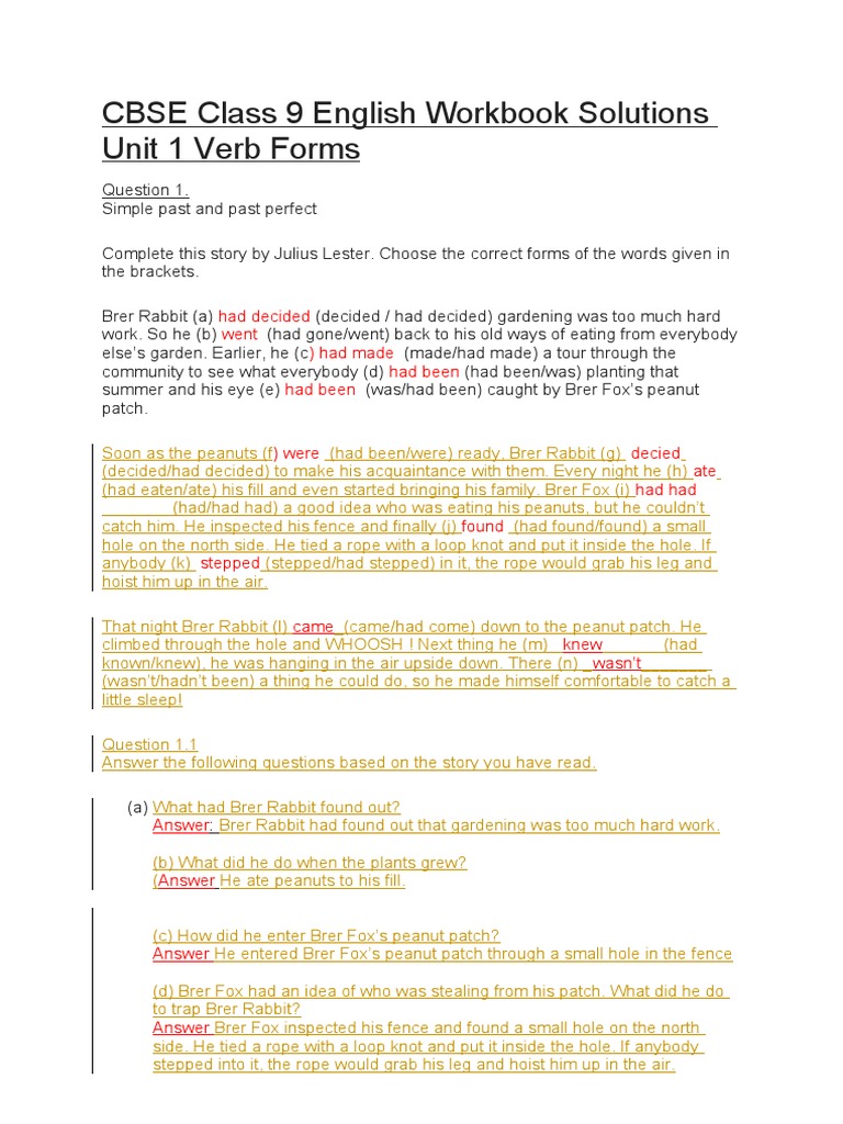 CBSE Class 9 English Workbook Solutions Unit 1 Verb Forms: Had Decided ...