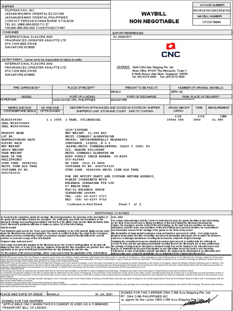 Non Negotiable Waybill CARRIER CMA CGM Asia Shipping Pte. LTD PDF