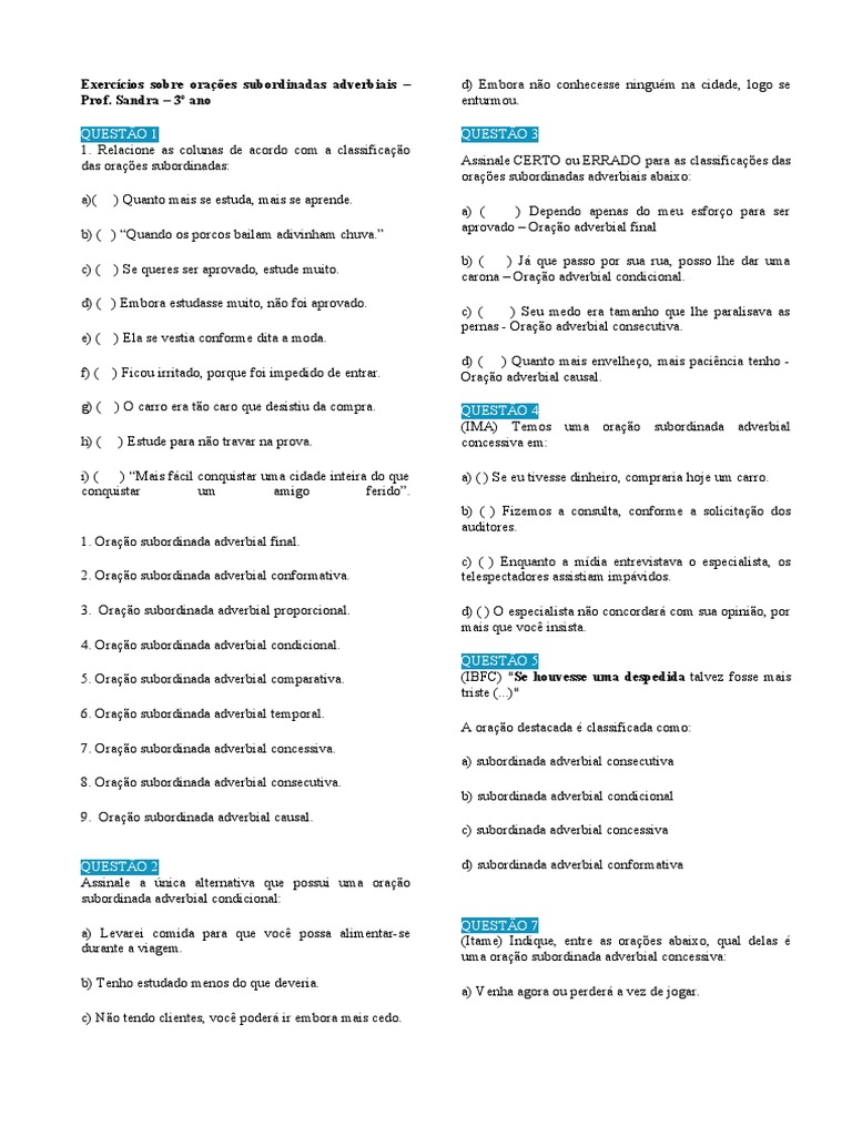 Exercícios sobre Orações Subordinadas | PDF | Gramática | Mecânica da ...
