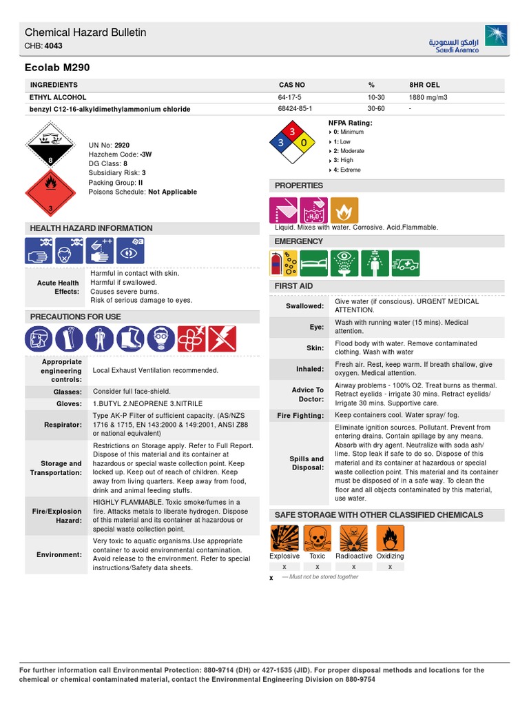 Chemical Hazard Bulletin Ecolab M290 Download Free PDF Water Waste
