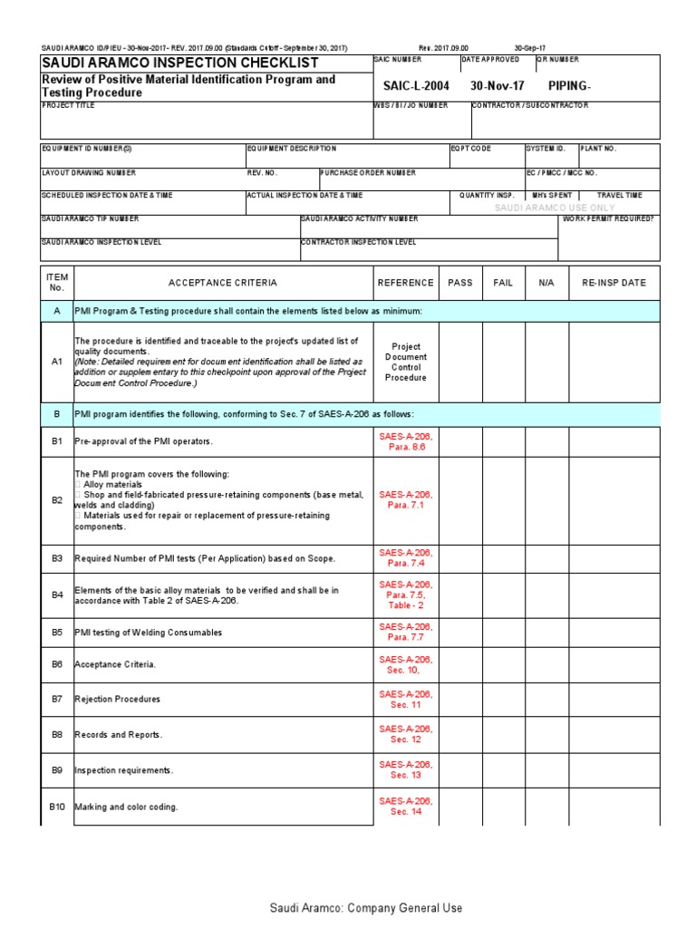Saudi Aramco Inspection Checklist PDF Verification And Validation