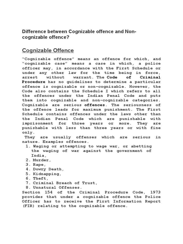 Cognizable And Non Cognizable Offence Difference Crpc