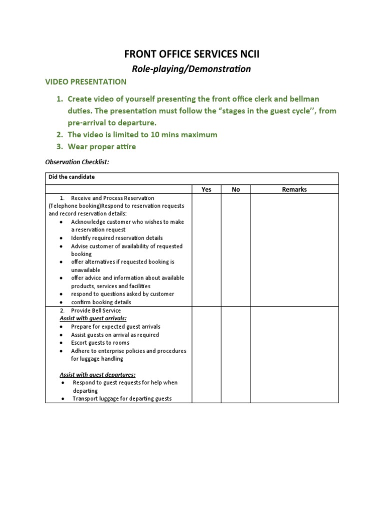 Front Office Services Ncii: Role-playing/Demonstration | PDF