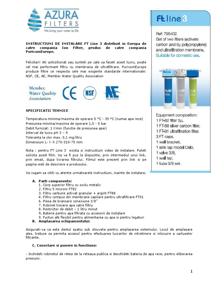 Instructiuni Instalare Filtru Apa FT Line 3 | PDF