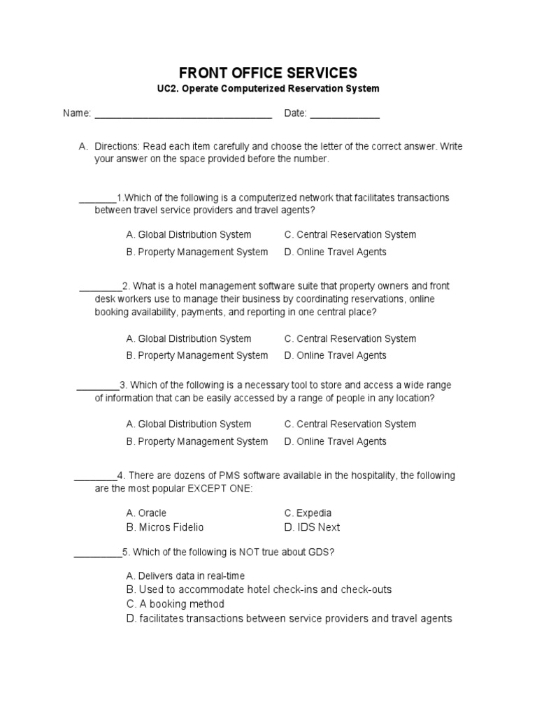 Uc2 computerized reservation system sample test pdf travel agency