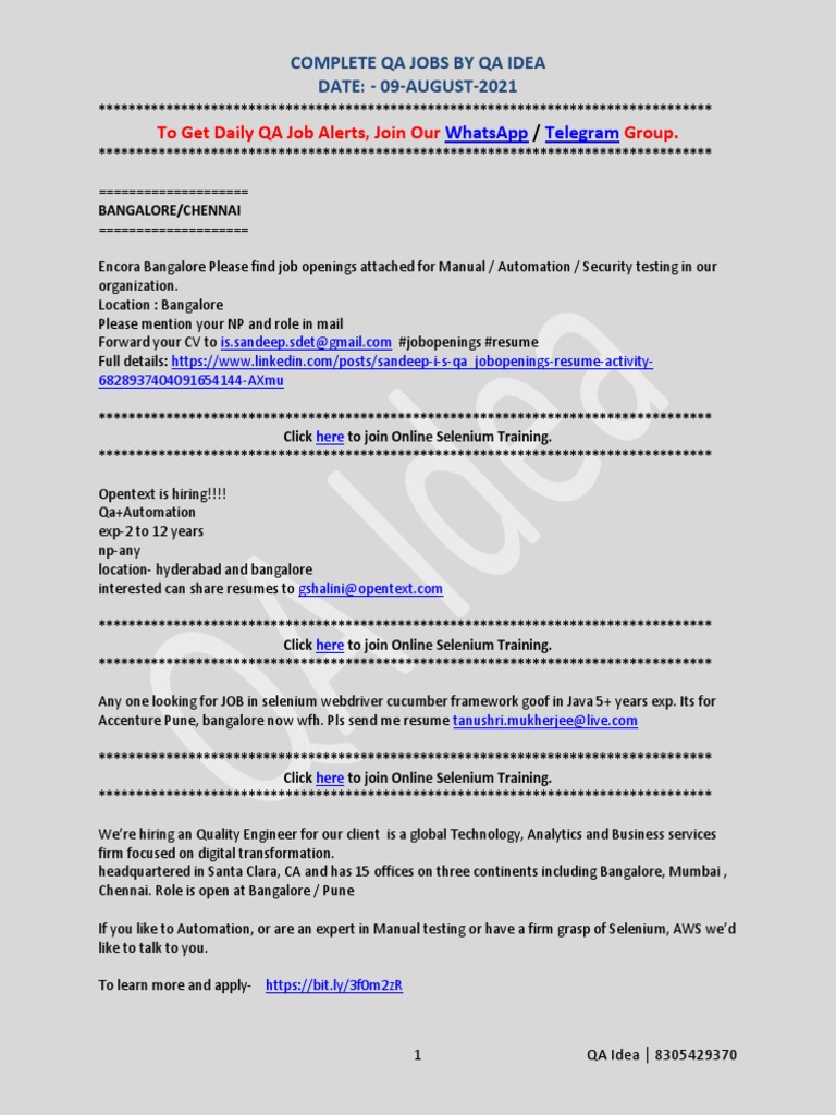 QA Job Openings in Bangalore & Chennai | PDF | Selenium (Software ...