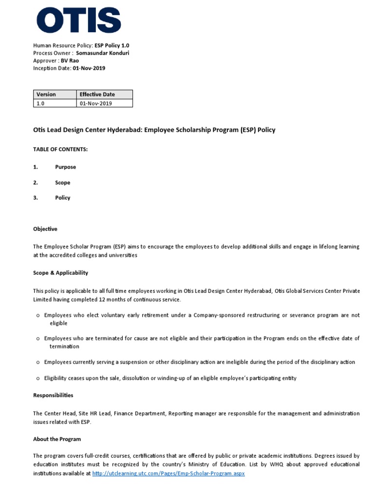 Otis Lead Design Center Hyderabad Employee Scholarship Program (ESP