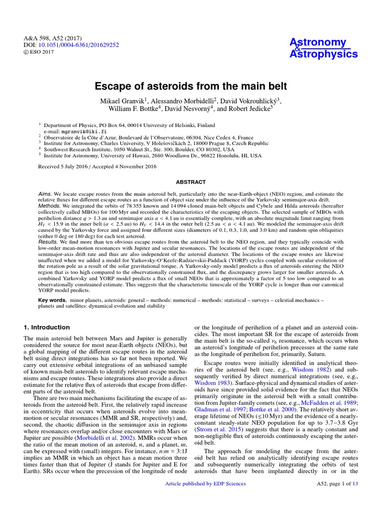 Escape of Asteroids From The Main Belt: Astronomy Astrophysics | PDF ...
