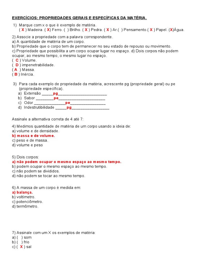 Exercícios sobre Propriedades da Matéria | PDF | Matéria | Massa
