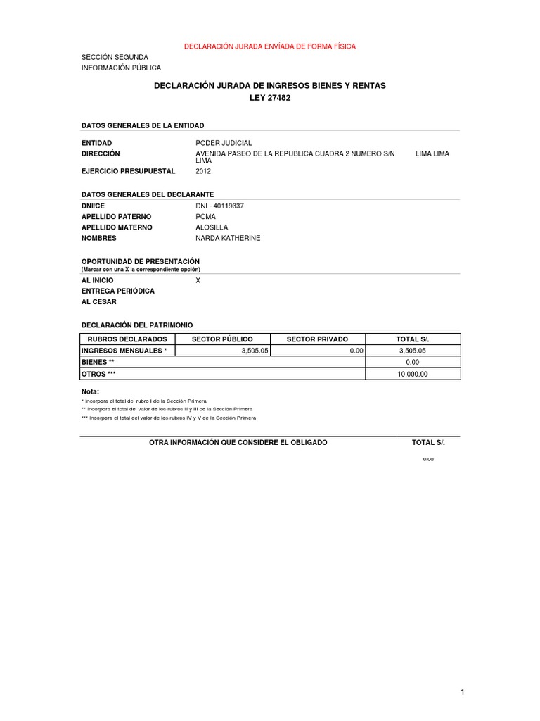 Declaración Jurada de Ingresos y Bienes | PDF | Gobierno | Economias