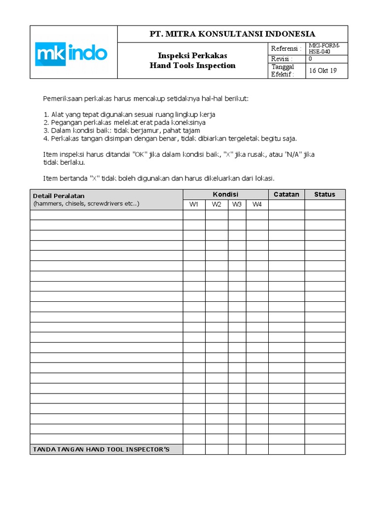 Hand Tool Checklist FRM-16 | PDF