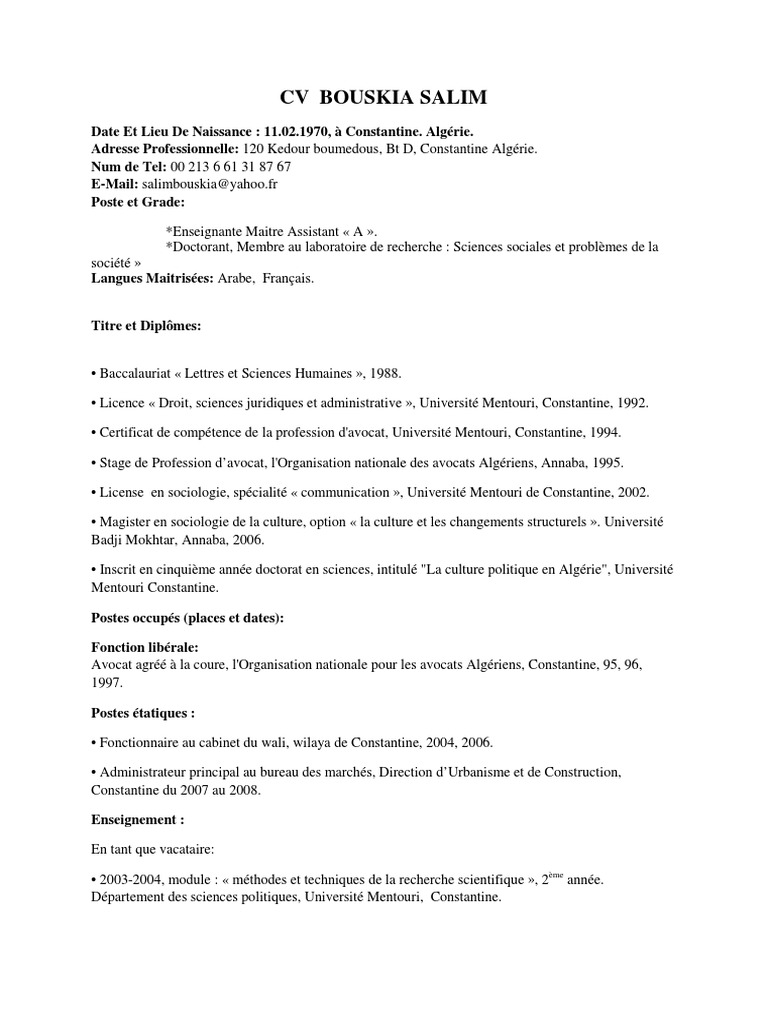 CV de Salim Bouskia, Sociologue et Avocat | PDF | Sociologie | Algérie