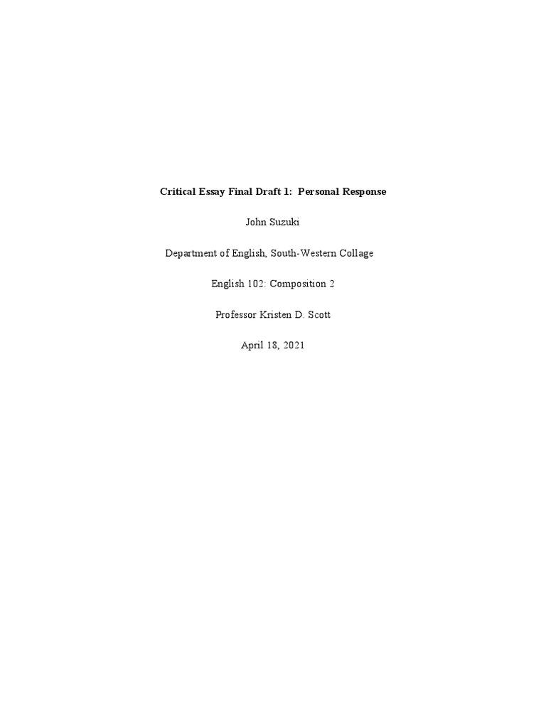 Critical Essay Final Draft 1 Personal Response | PDF | Mobile Phones ...